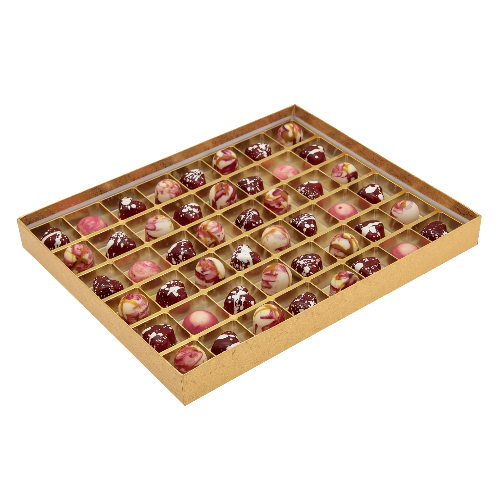 SPT2080_3_Lined Gold Board Box with PET Lid; Plain Base_Pack of 42_box with insert and chocolates