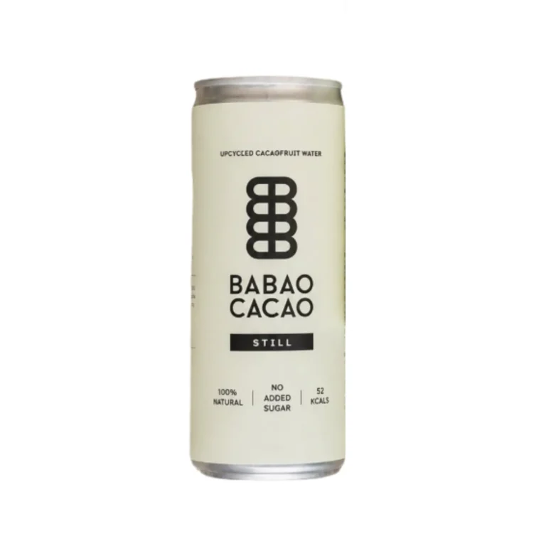 BABAO Cacao Still Cacaofruit Water in a 250ml can, featuring a cream label with black branding, 100% natural and no added sugar.