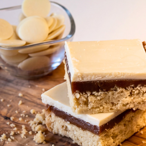 Win-Win white cocoa free chocolate alternative millionaire's shortbread on a wooden board with crumbs and a bowl of white alt choc