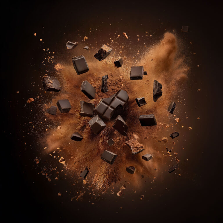 Dark chocolate pieces exploding with cocoa powder against a dark background