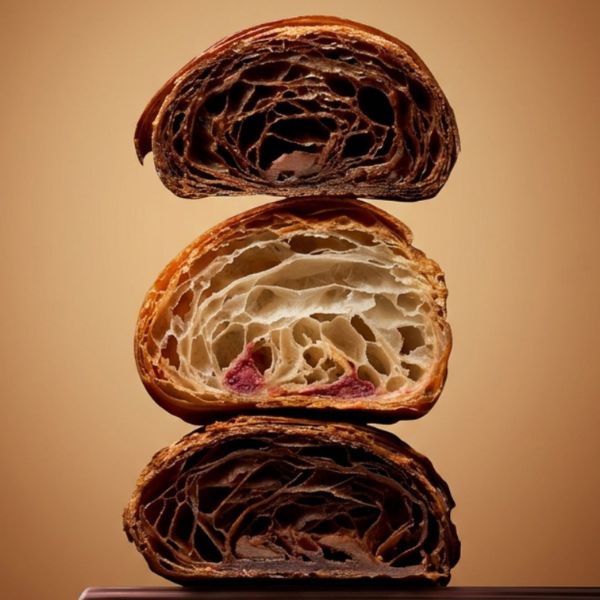 Stacked croissant cross-sections showing chocolate and fruit-filled laminated layers with an open honeycomb crumb