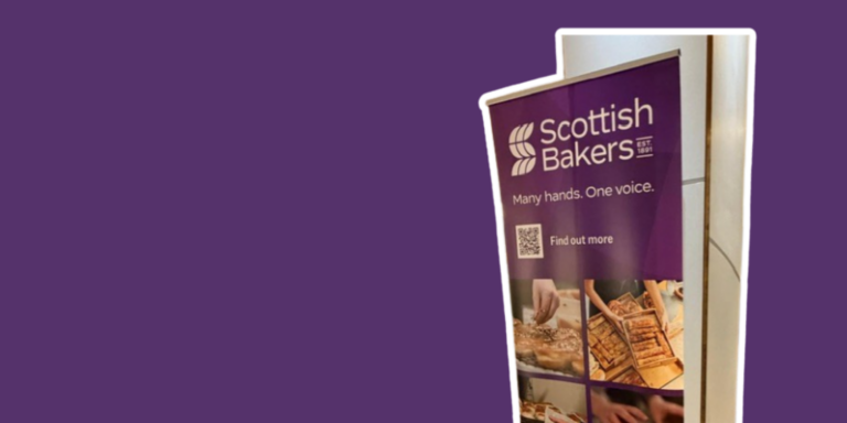 Scottish Bakers promotional banner displayed on a purple background, featuring the Scottish Bakers logo, the slogan "Many hands. One voice."
