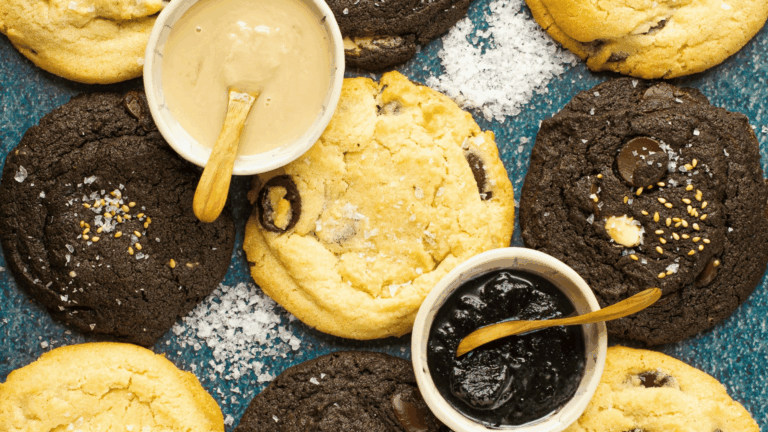 tahini chocolate chip cookies with salt and sesame seeds
